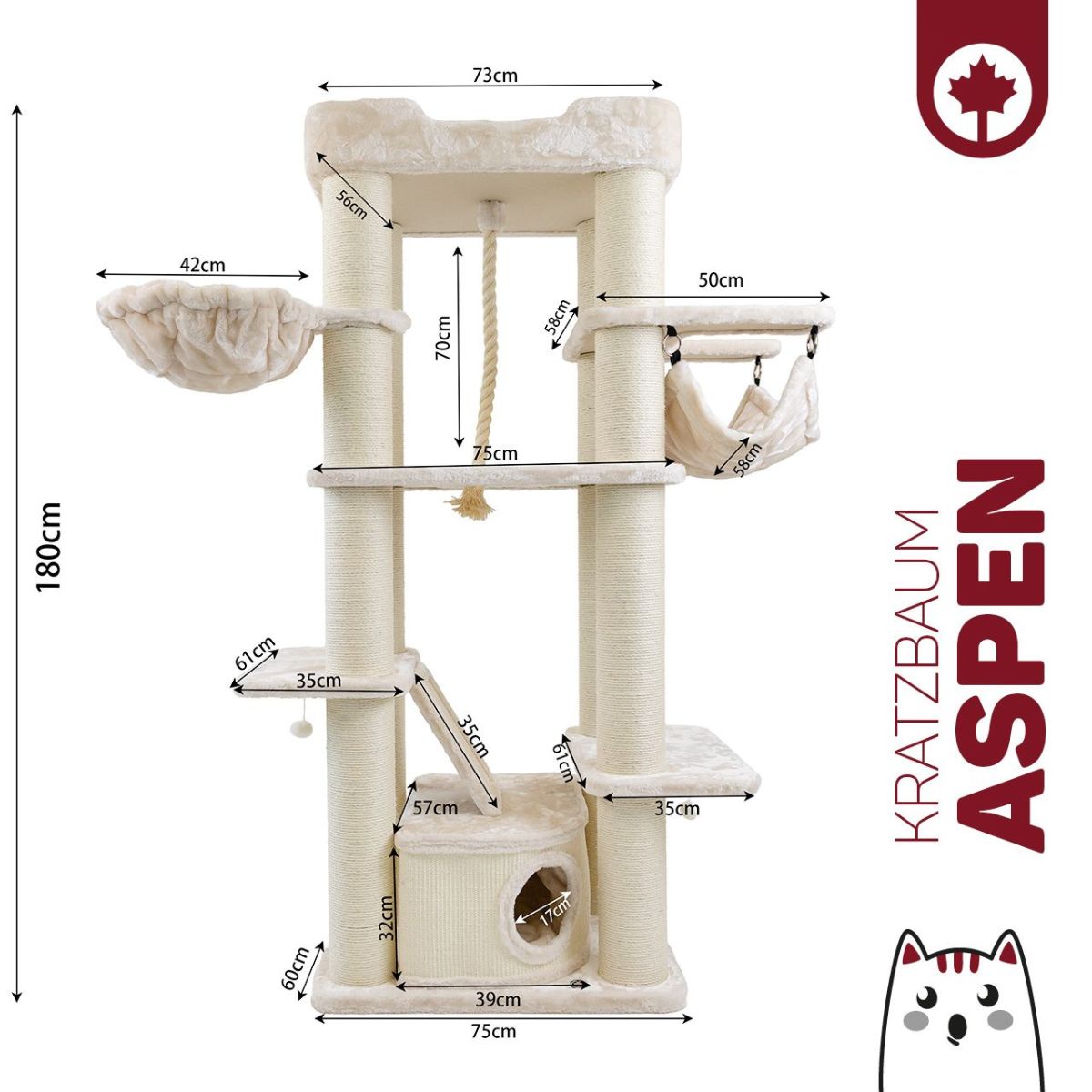 Suur kassi kraapimispuu Canadian Cat Aspen Beige 180 cm - Image 3
